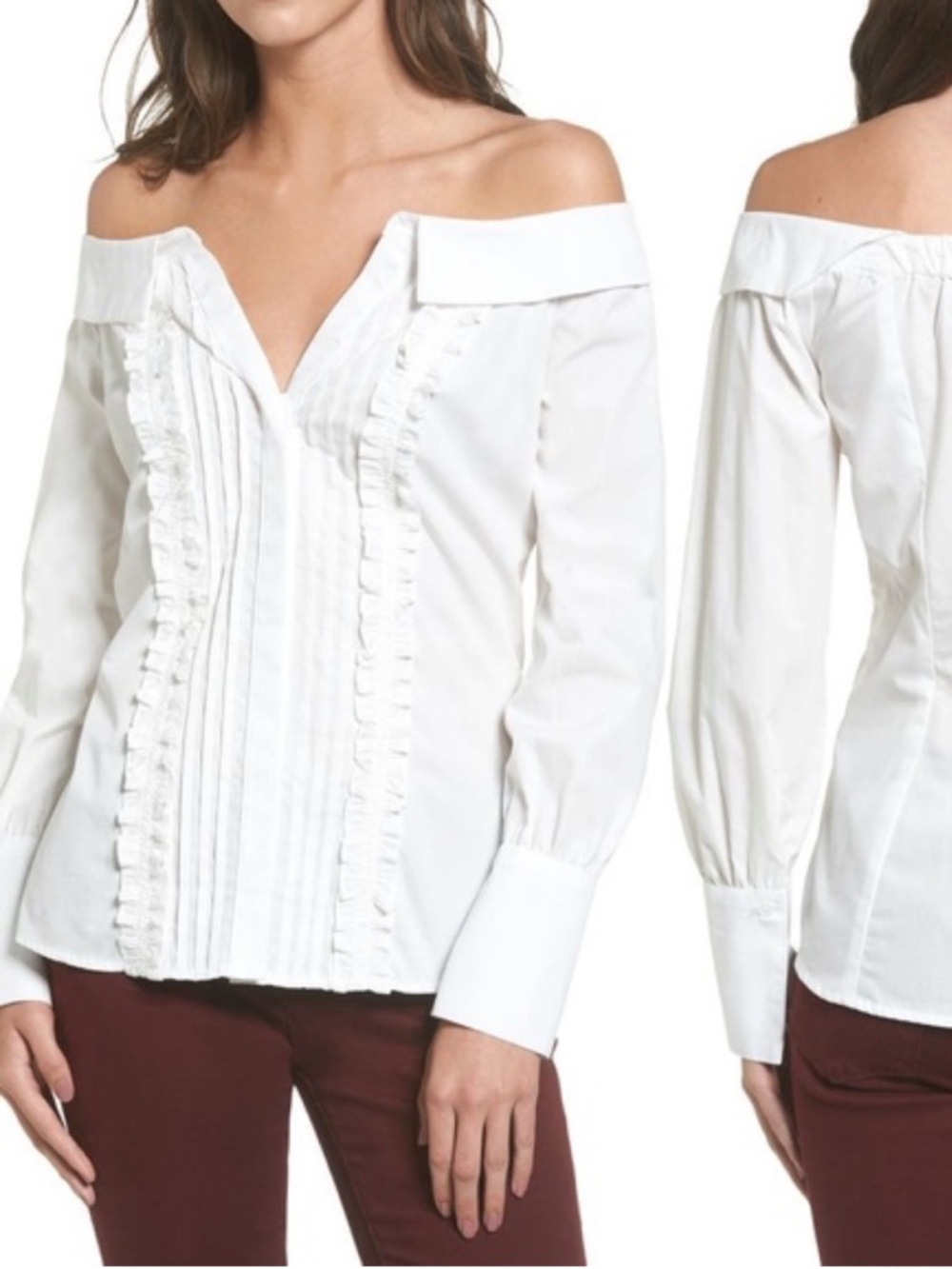 White Off-Shoulder Ruffle Front Blouse - Picture 1 of 5